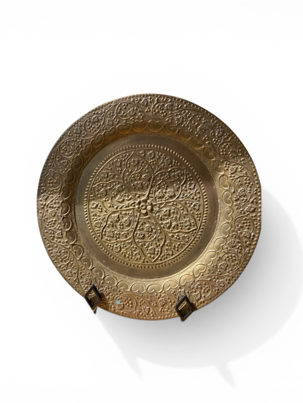 Vintage 14" Ornate Etched Brass Wall Hanging Tray, Moroccan/Persian Boho Decor